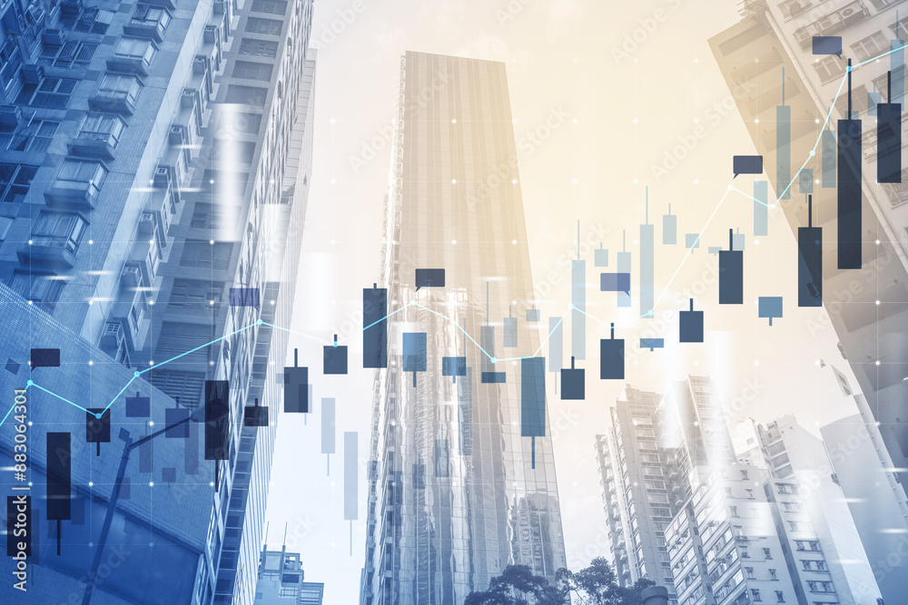 Poster skyscrapers with an overlay of stock market charts, showcasing a concept of finance and urban develo