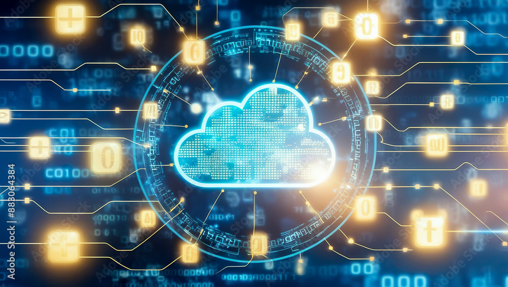 Wall mural digital information technology futuristic background with cloud icon, cloud computing abstract motio