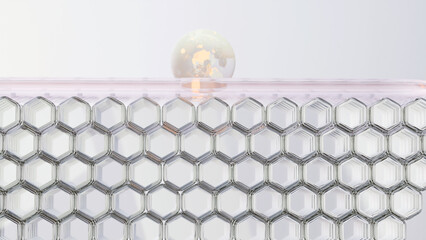 Sunscreen Cream or serum drop, Ultraviolet shield reflect UV sun light, Hexagonal skin cells layer, sunblock lotion, SPF Ultraviolet Rays protection, Advertisements for cosmetics, collagen, 3d render