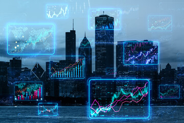 A city skyline with digital stock market charts overlay, with a technological and financial concept on a dark background