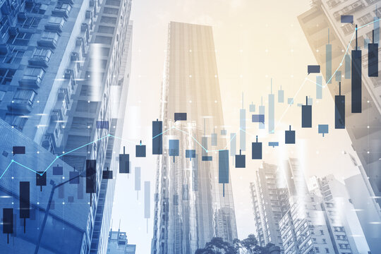 Skyscrapers with an overlay of stock market charts, showcasing a concept of finance and urban development on a light background - Powered by Adobe