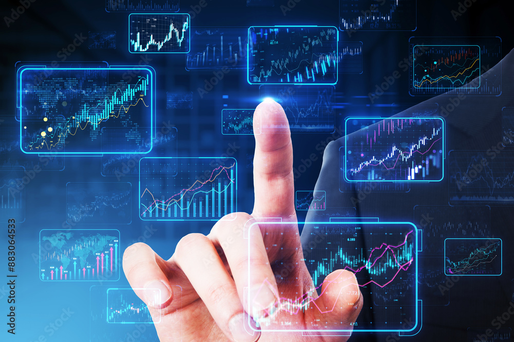 Poster a hand interacting with futuristic stock market graphs on a digital interface, concept of financial 