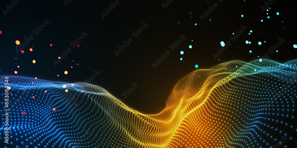 Poster Abstract wave of glowing particles on dark background, depicting the concept of connectivity and technology. 3D Rendering