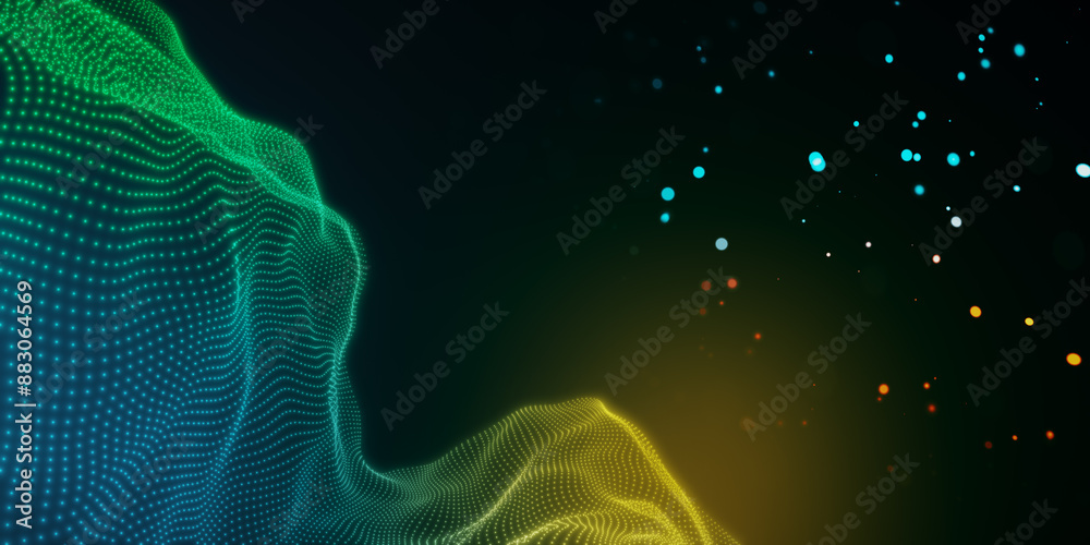 Aufkleber Abstract digital wave of glowing particles on dark background, concept of technology and dynamic motion. 3D Rendering