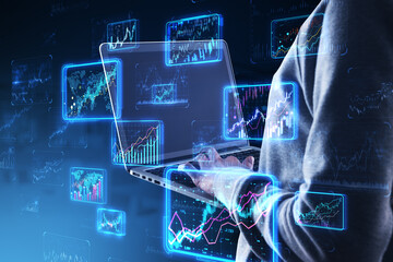 A person analyzing financial data on transparent screens with a futuristic interface, set against a dark background, concept of modern finance