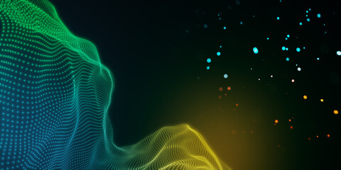 Abstract digital wave of glowing particles on dark background, concept of technology and dynamic...