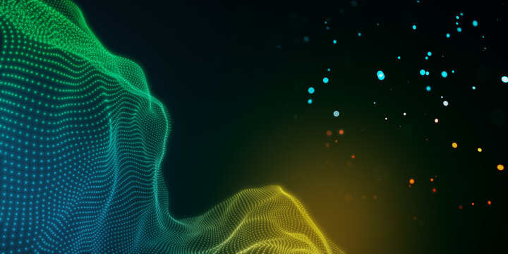 Abstract digital wave of glowing particles on dark background, concept of technology and dynamic motion. 3D Rendering