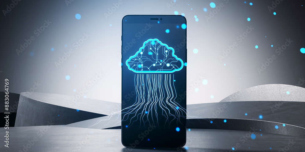 Poster Smartphone displaying a neon blue circuit board cloud with connecting lines on a minimalistic gray background, concept of digital technology. 3D Rendering
