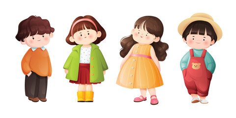 Cute children. Collection of 4 happy kids, little girls, and boys characters in different positions.  Flat vector illustrations isolated on white background.