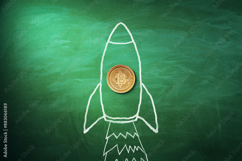 Poster a bitcoin coin on a chalk-drawn rocket on a green chalkboard, creative concept of cryptocurrency gro