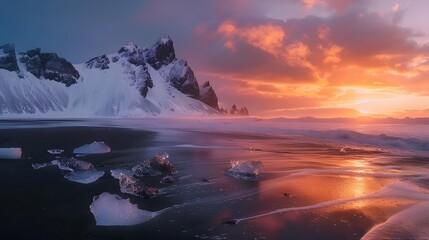 Naklejka premium Icebergs on black sand beach with a colorful sunrise and snow-covered mountains in the background. 