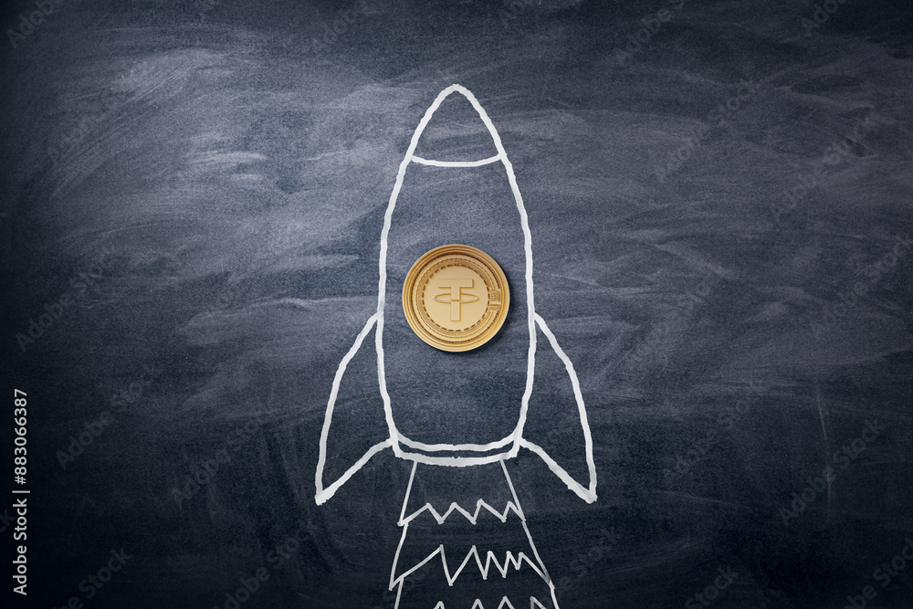 Poster a chalk-drawn rocket on a blackboard, with a real coin representing the nose, symbolizing financial 