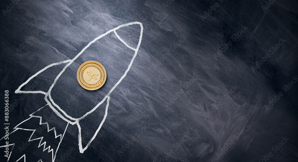 Poster a coin resembling cryptocurrency on a chalk-drawn rocket, chalkboard background, concept of financia