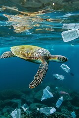 Fototapeta premium creatures like sea turtles and dolphins affected by plastic waste and chemical contaminants in the oceans