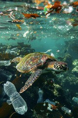 Obraz premium creatures like sea turtles and dolphins affected by plastic waste and chemical contaminants in the oceans