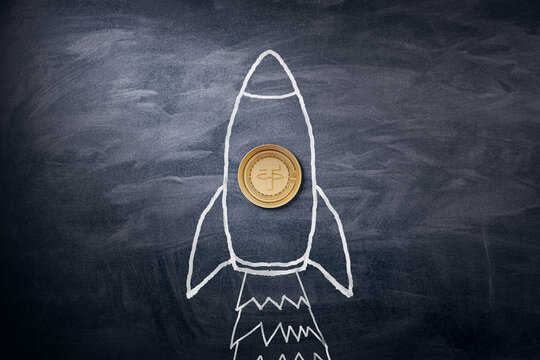 A chalk-drawn rocket on a blackboard, with a real coin representing the nose, symbolizing financial growth. 3D Rendering