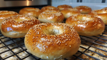 A batch of freshly baked sourdough bagels, golden brown, ready to be served with your favorite creamy cheese.