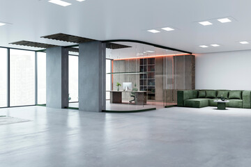 An empty modern office interior featuring a desk with a computer, a shelf, and a green sofa on a gray background, concept of a luxury boss's cabin. 3D Rendering