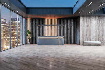 Modern office lobby interior at night with a reception desk, wooden elements, and city view backdrop, concept of luxury business center. 3D Rendering