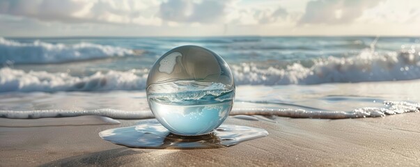 Water molecule containing a serene beach scene, highlighting the peaceful coexistence of water and land