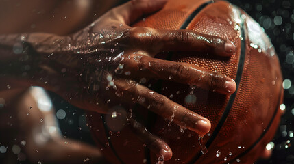 Fototapeta premium A close shot of a basketball player's hands holding the ball, with beads of sweat clearly visible.