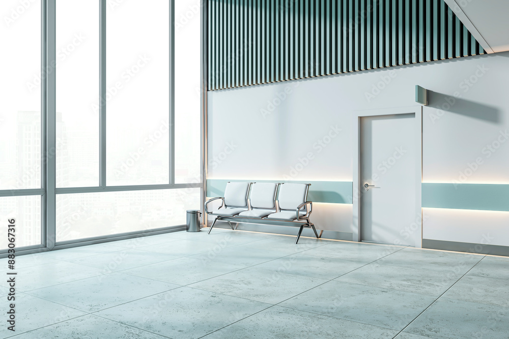 Poster modern office waiting area with empty chairs, a clean interior with large windows and a view of the 