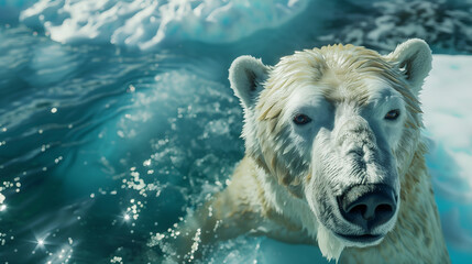 A polar bear on a floating melting ice floe. Its fur is white, and the snow-white background fits perfectly with the blue tones of the icy space surrounding it.