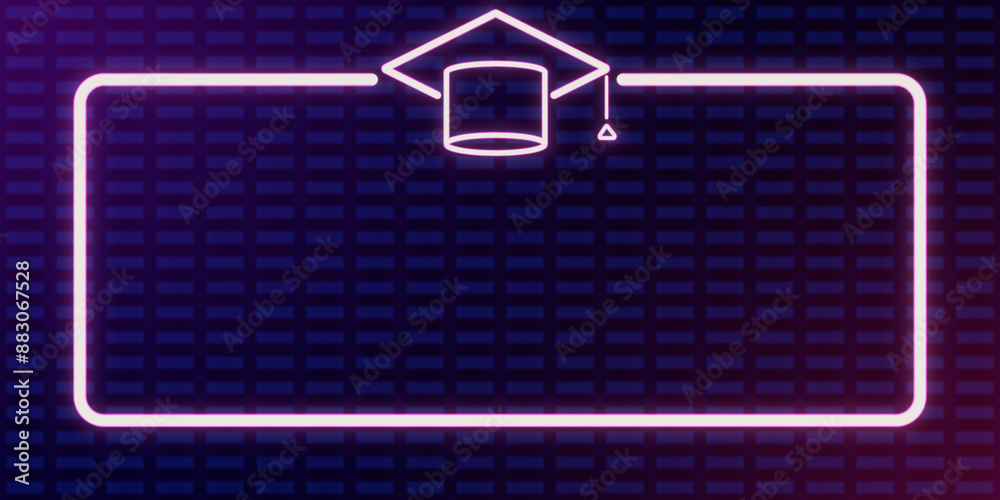 Poster Neon graduation cap inside a rectangular frame, on a grid-patterned backdrop, symbolizing education and learning. 3D Rendering