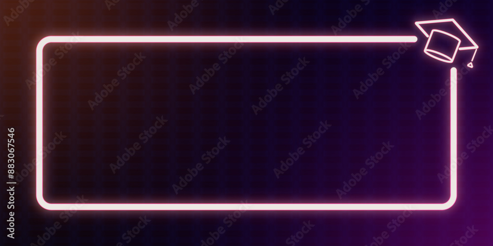 Poster Neon-style frame with a glowing graduation cap icon on a dark abstract background, concept of creative education. 3D Rendering