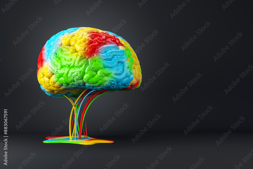 Poster A colorful brain model with cables on dark background, concept of creativity and ideas. 3D Rendering