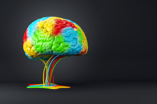 A colorful brain model with cables on dark background, concept of creativity and ideas. 3D Rendering