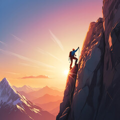 Fototapeta premium A climber reaching the peak of a mountain against a bright sunrise background with copy space 