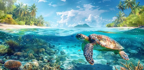 A sea turtle swimming in the clear blue water of an island beach, with lush palm trees and coral reefs visible below the surface.