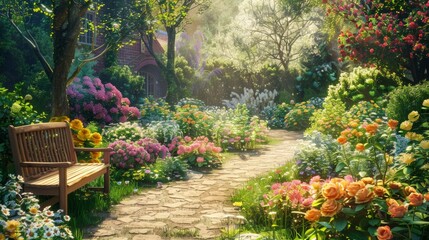 Beautiful garden path with a bench and flowers.