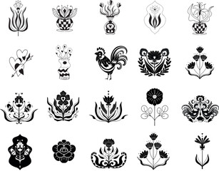linocut flower decorative black and white, Doodle line art style. Vector illustration