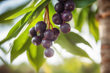 Fototapeta premium photo shot of a Acai attached to a tree branch with a blurred background