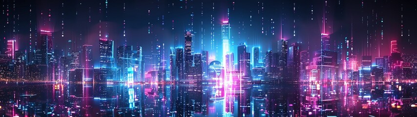 Abstract futuristic cityscape with glowing neon lights.