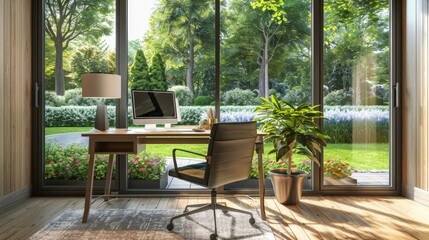 Obraz premium Home Office with View of Garden Through Large Window.