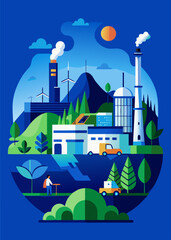 Green industry eco power for sustainable energy environmental friendly low carbon footprint. Green factory industry for good environment ozone air low carbon