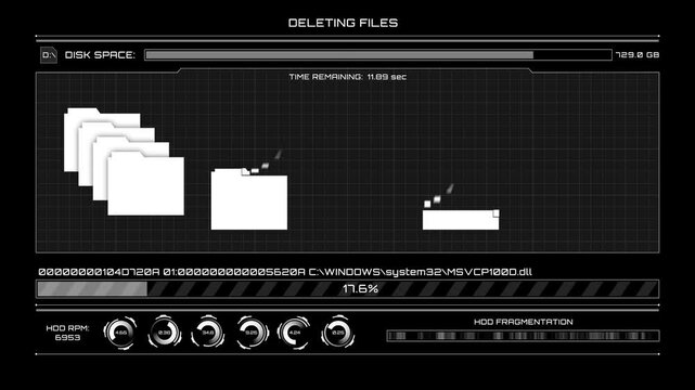 HUD Display delete files animation, delete data, delete files, computer data cleanup