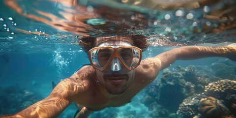 Fototapeta premium handsome man snorkeling underwater. ai generated
