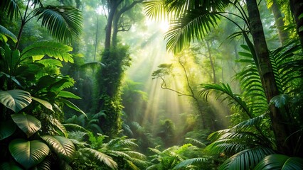 Naklejka premium Sunbeams Through Tropical Rainforest.