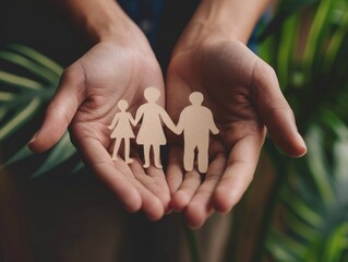 A person holds a cardboard cutout of a family, possibly for display or decoration