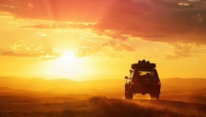 Fototapeta premium jeep goes on a journey in the sunset
