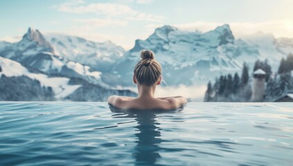 girl in a hot spring against the backdrop of mountains
