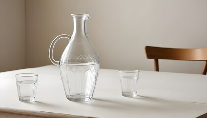 Vintage-style glass and carafe jug filled with pure drinking water, positioned on a light-colored table