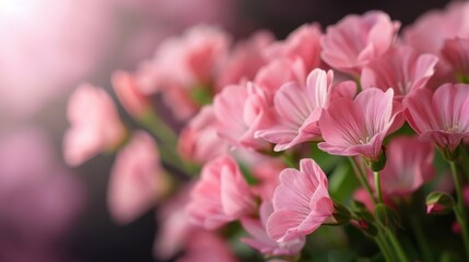 Obraz premium A close-up view of soft pink flowers in a breathtaking bouquet arrangement, showcasing their delicate petals and vibrant green leaves beautifully captured in sunlight.