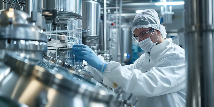 Lab technician monitors bioreactor vessels in pharmaceutical production showcasing biotech aspect. Concept Pharmaceutical Production, Bioreactor Monitoring, Lab Technician, Biotech