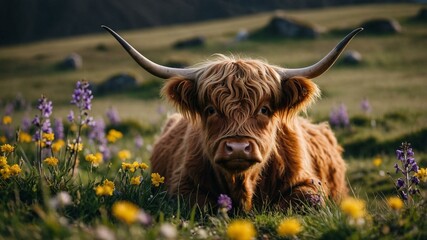 A Highland cow with long hair and horns is resting in a colorful meadow, illuminated by the warm light of sunset.