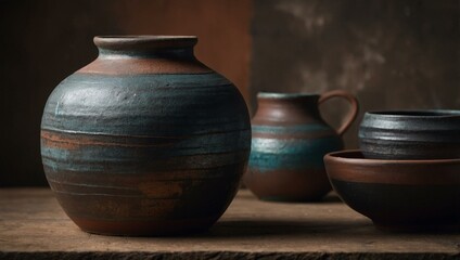 A rustic collection of earthenware pottery displayed on a wooden table, featuring various shapes and colors.
